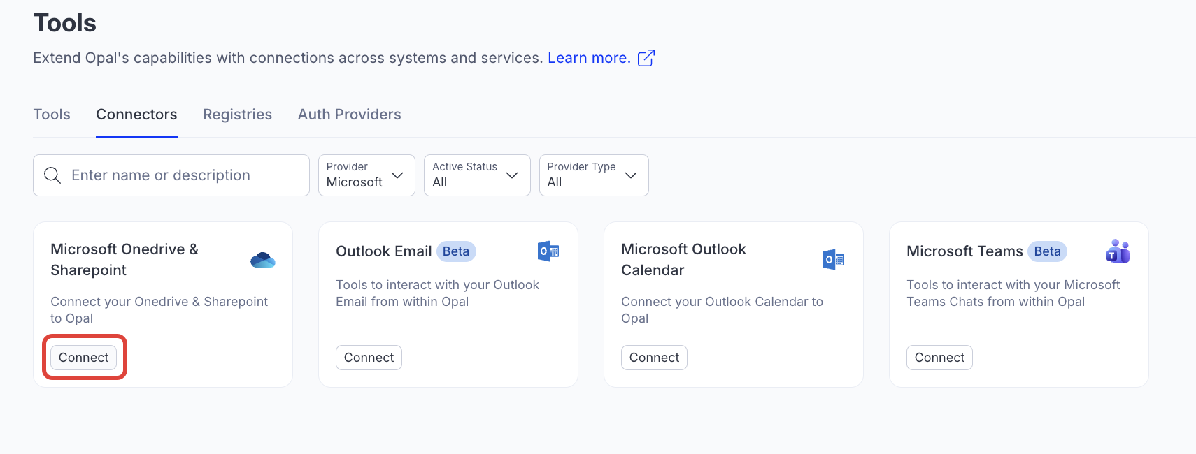 Screenshot of the Connectors with the Microsoft Onedrive & Sharepoint connect highlighted