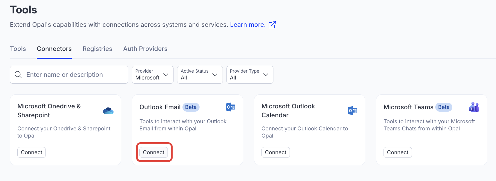 Screenshot of the Connectors with the Outlook Email connect highlighted