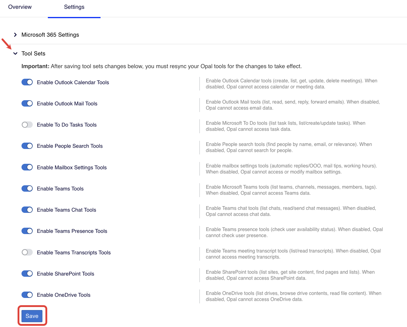 Screenshot of the Tool Sets settings panel in OCP where the Save option is highlighted.
