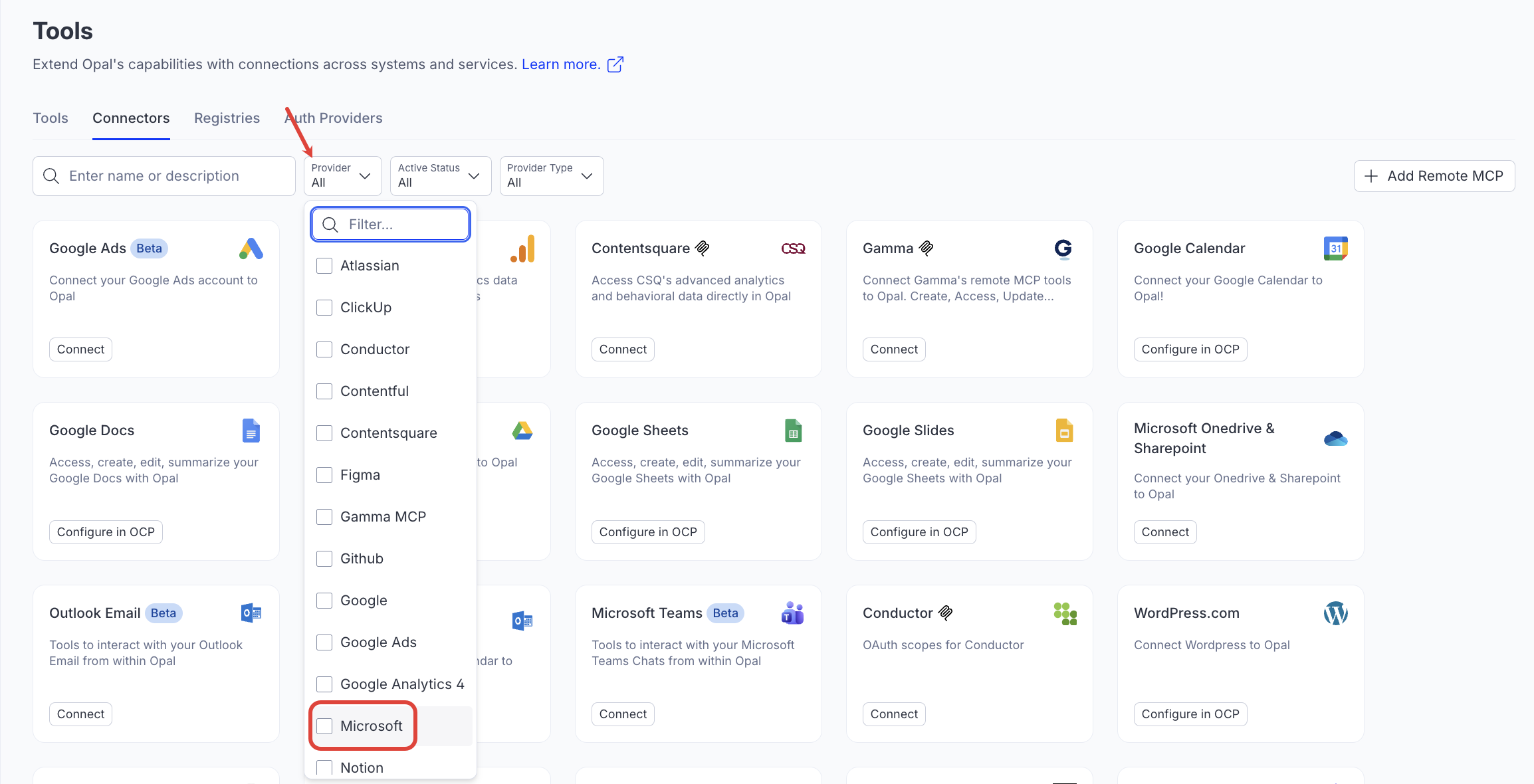 Screenshot of the Connectors tab on the Tools page with the Provider drop-down expanded with the Microsoft option highlighted.