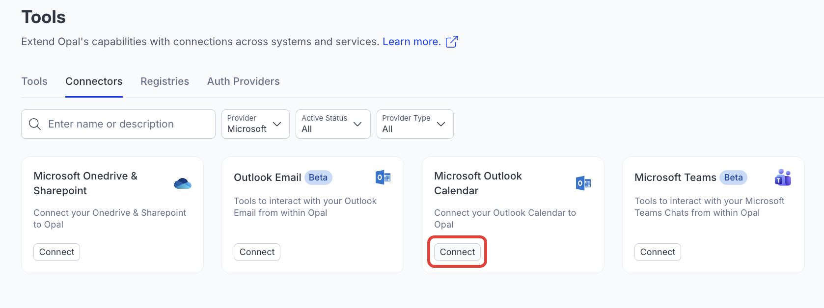 Screenshot of the Connectors with the Microsoft Outlook Calendar connect highlighted