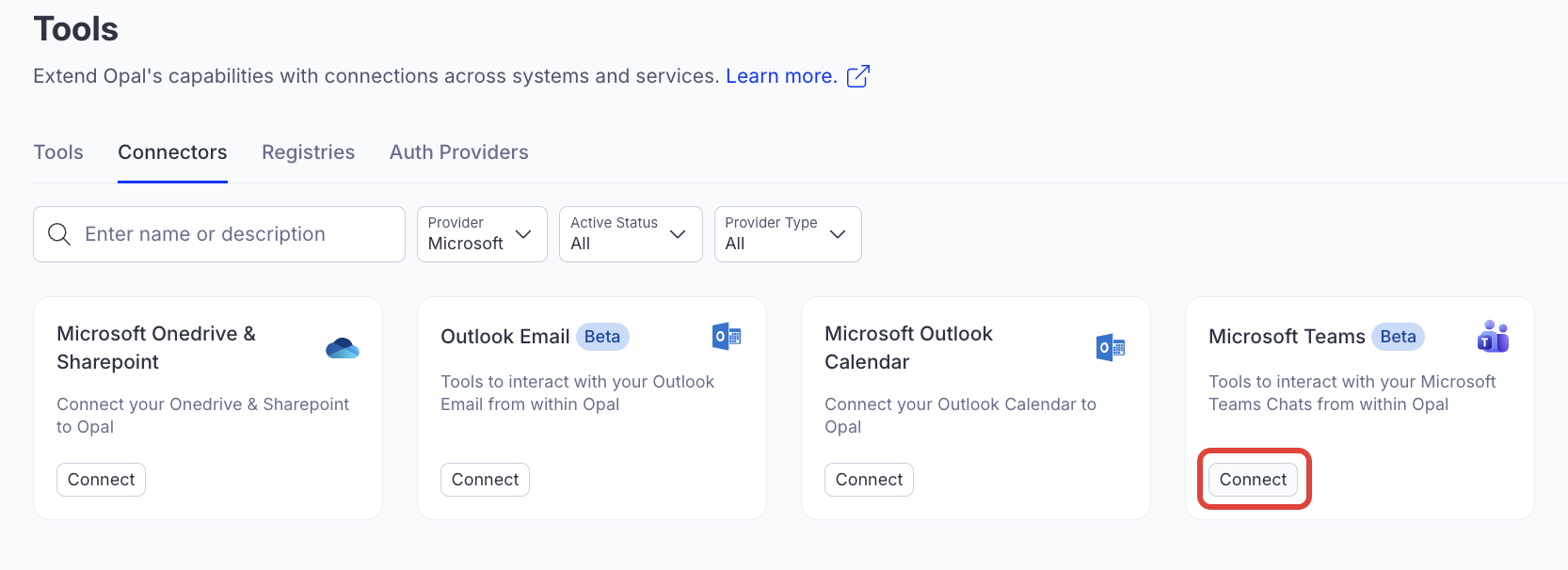 Screenshot of the Connectors with the Microsoft Teams connect highlighted