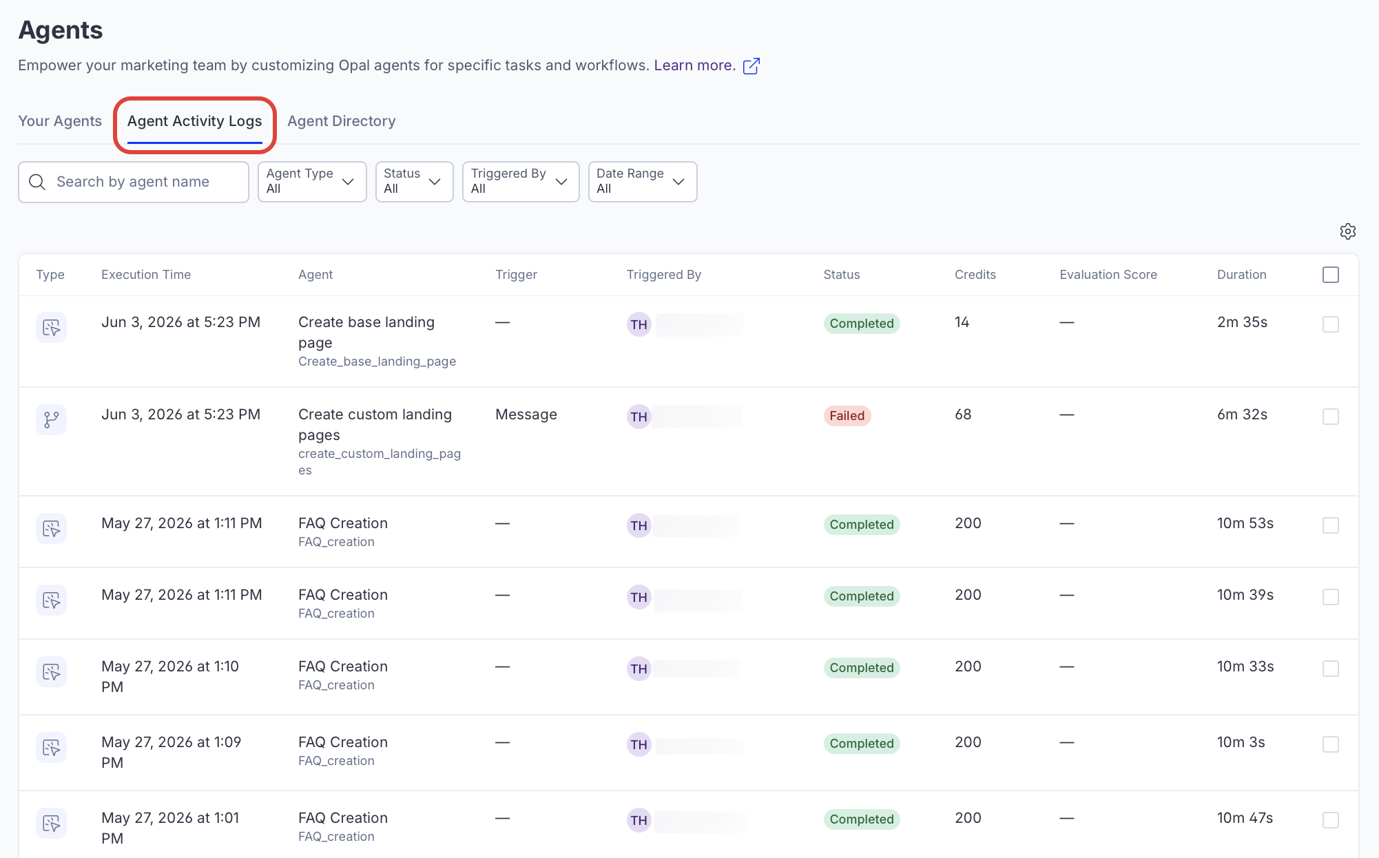 Screenshot of the Agents page with the Agent Activity Logs tab selected.