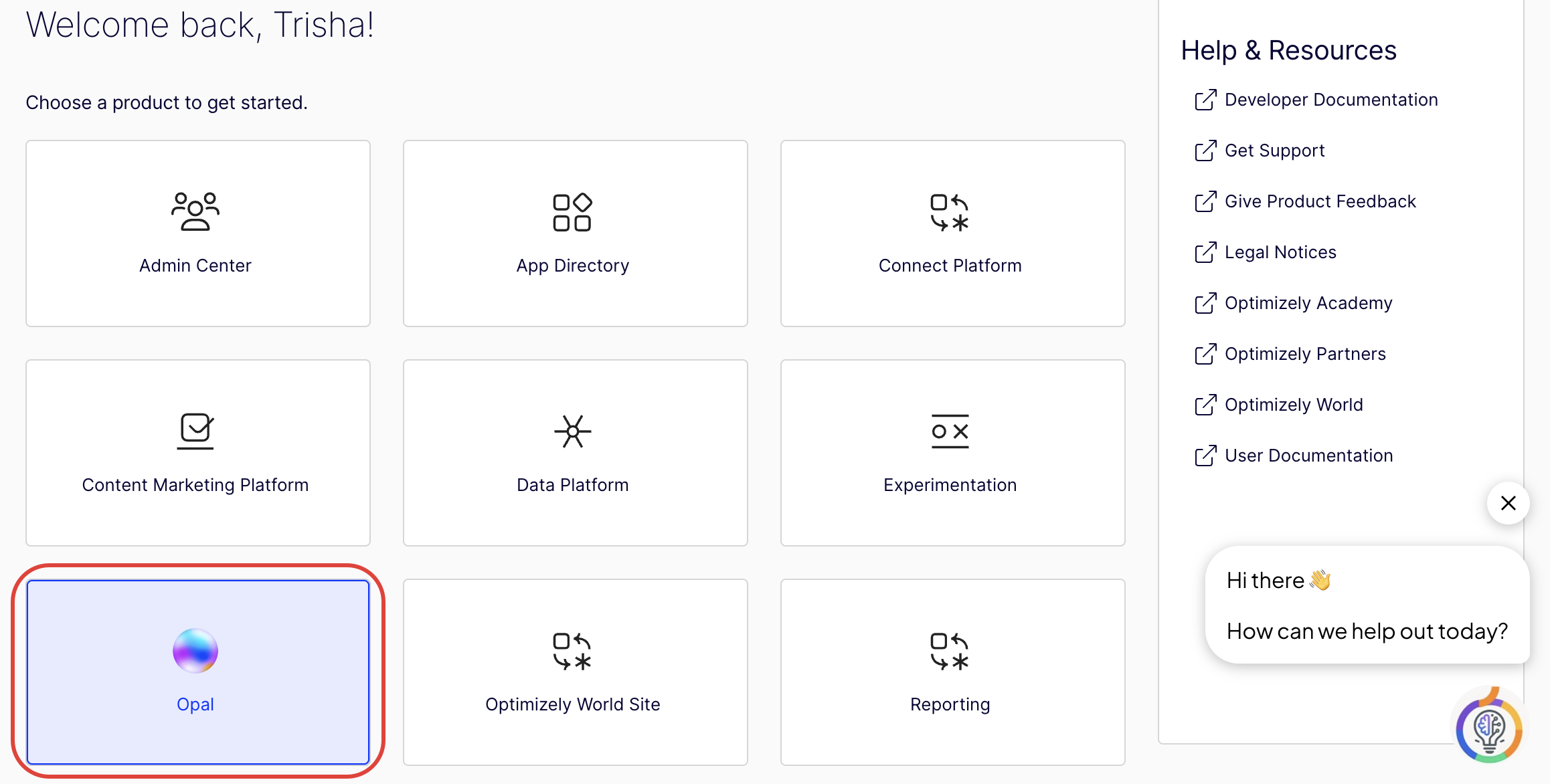 Screenshot of home.optimizely.com with the Opal product highlighted.