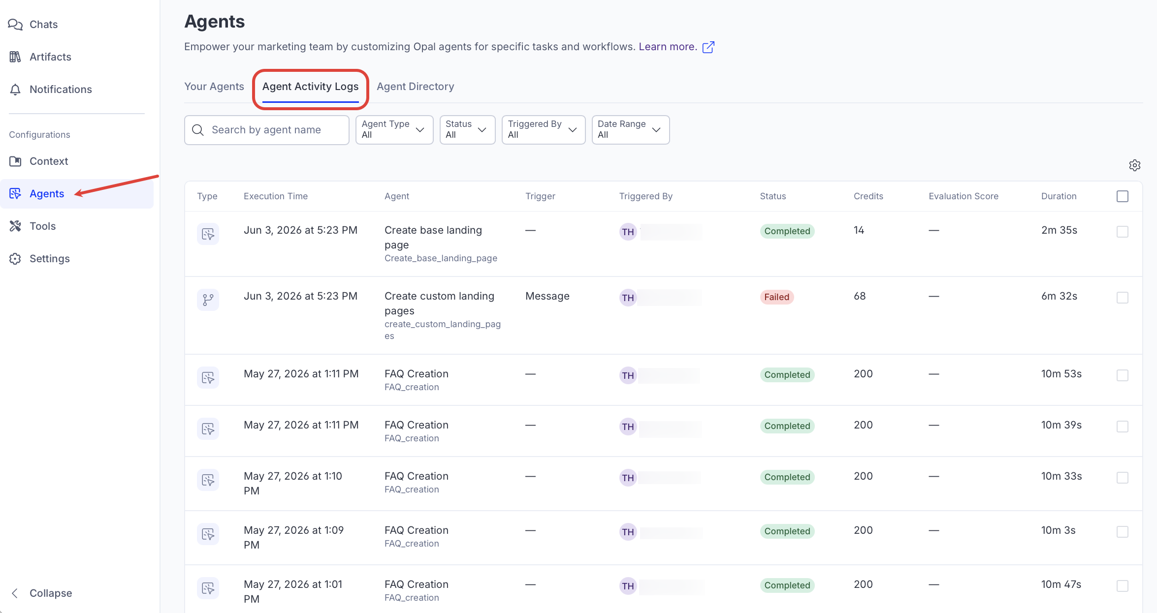 Screenshot of the Agents page with the Agent Activity Logs tab highlighted.