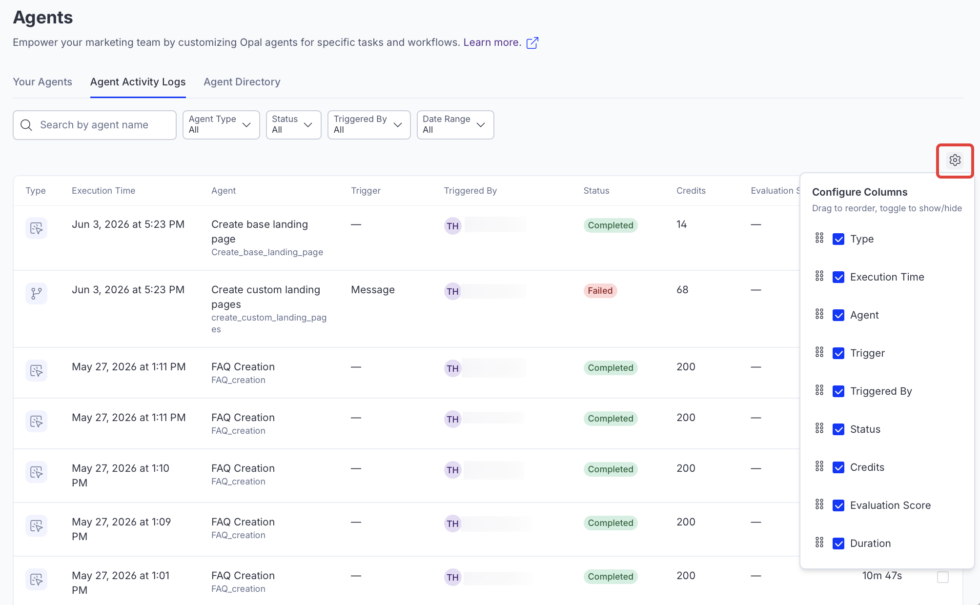 Screenshot of the Agent Activity Logs tab with the Configure Columns highlighted.