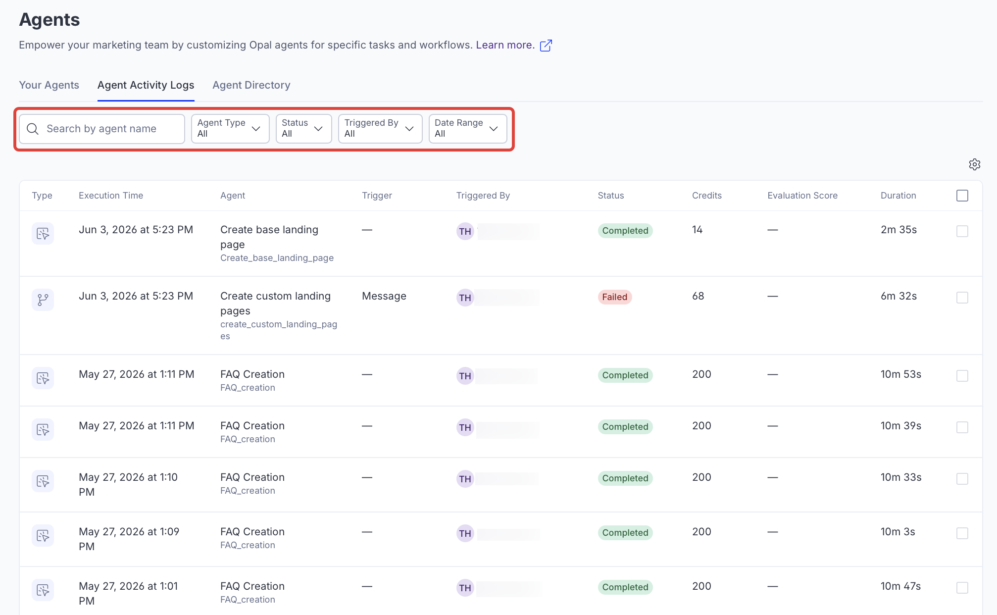 Screenshot of the Agent Activity Logs tab with the filter drop-down lists highlighted.