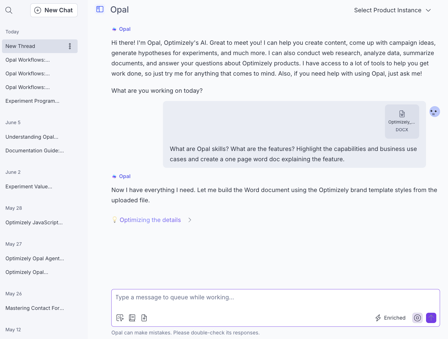 Screenshot of Optimizely Opal Chat where a prompt asks Opal to create a Word file using the uploaded template.