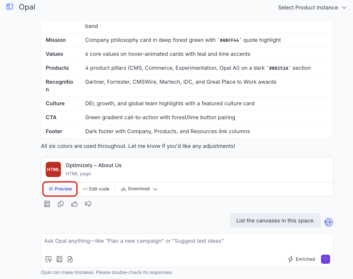 Screenshot of Opal Chat with a canvas element with the Preview highlighted.