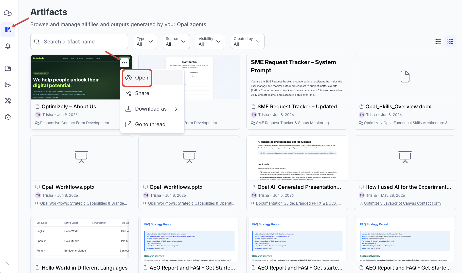 Screenshot of the Artifacts tab in the grid view with a canvas displayed with the Open highlighted.