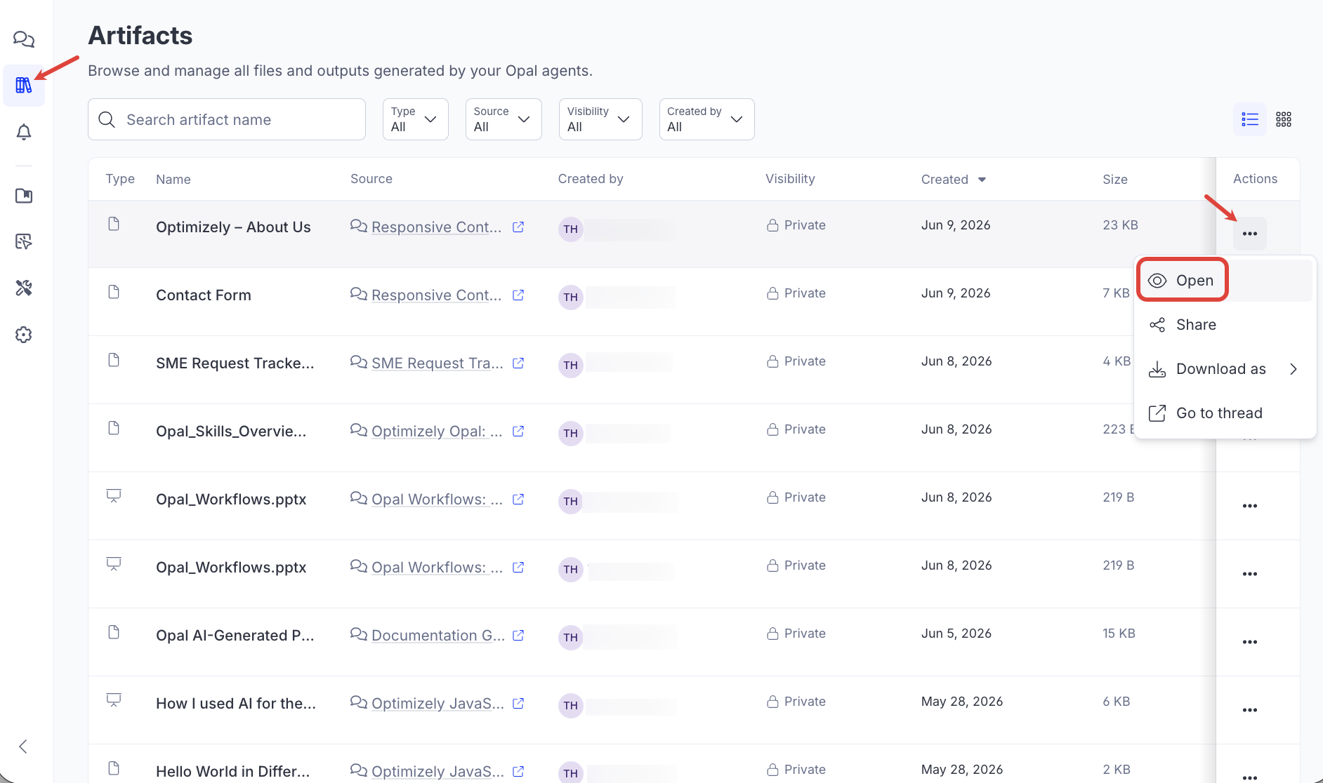 Screenshot of the Artifacts tab in the list view with a canvas displayed with the Open highlighted.