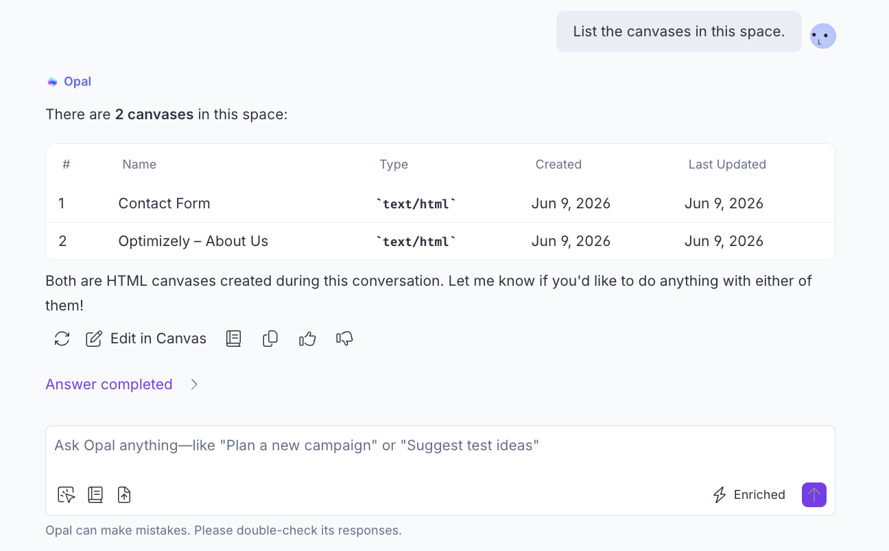 Screenshot of Opal Chat with the information of the canvases available in the space showing.