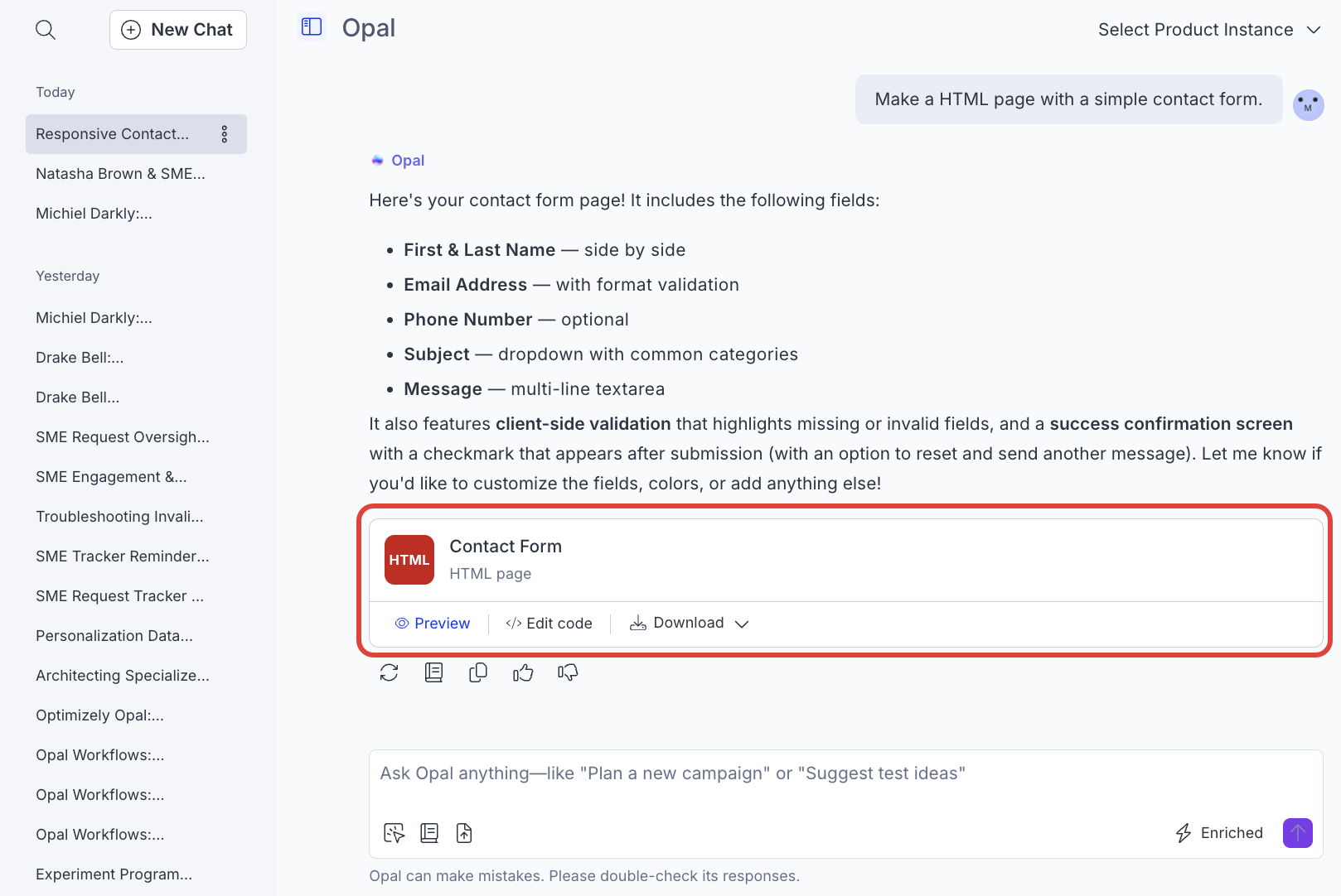 Screenshot of Opal Chat with a Contact Form canvas highlighted.