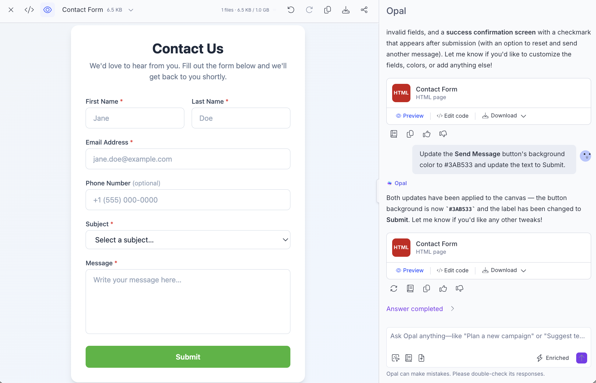 Screenshot of a canvas in Opal with the Contact Us form displayed with an updated button text and color.
