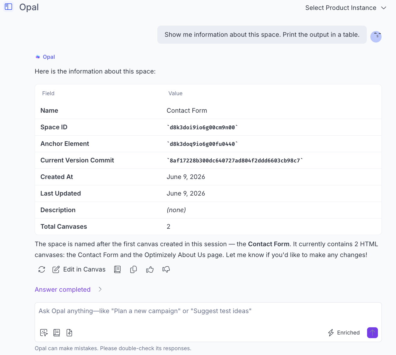 Screenshot of Opal chat with the canvas information from the space displayed.