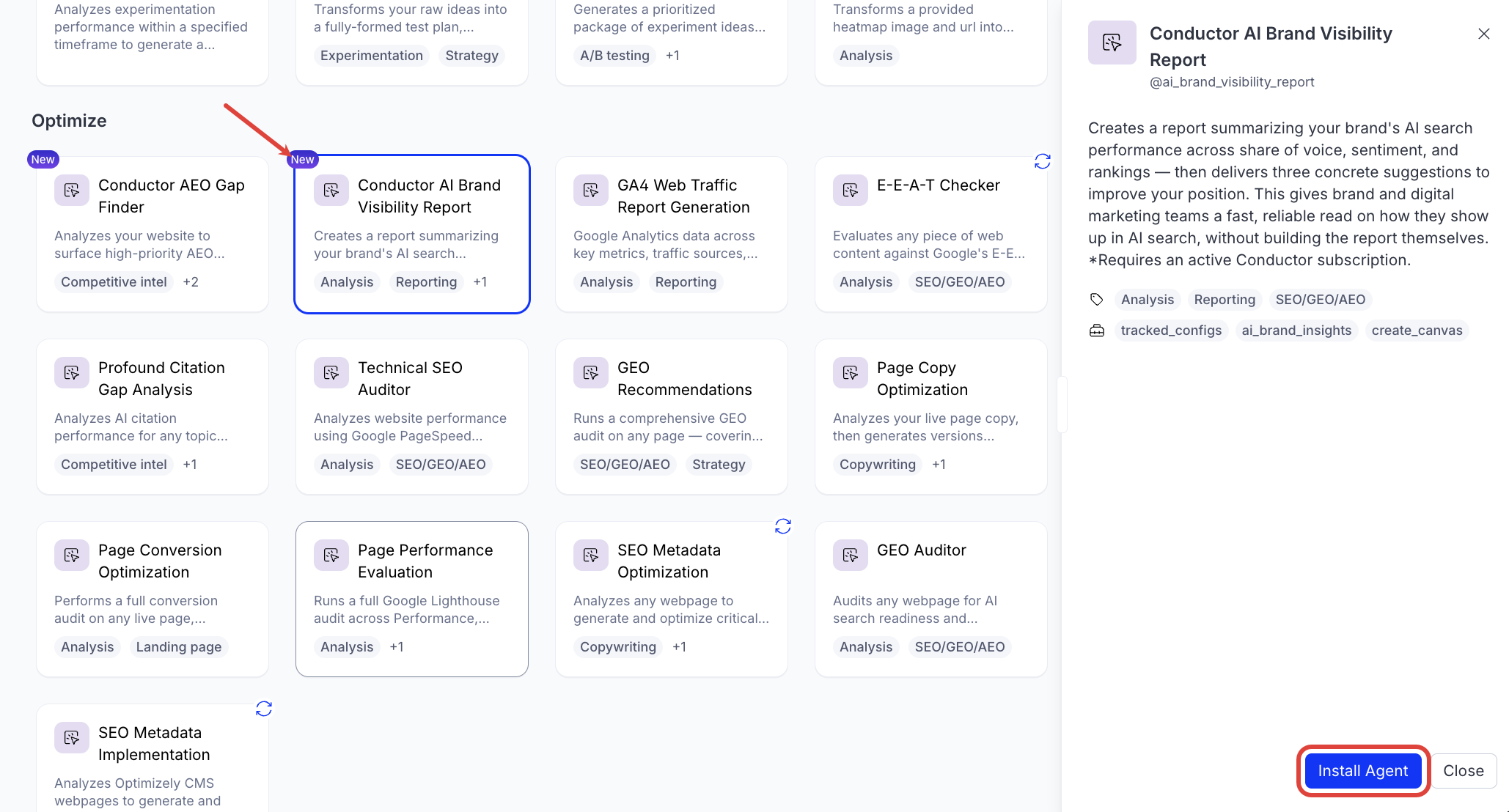 Screenshot of the Agent Directory page with Conductor AI Brand Visibility Report selected and Install Agent highlighted where the reader installs the agent.