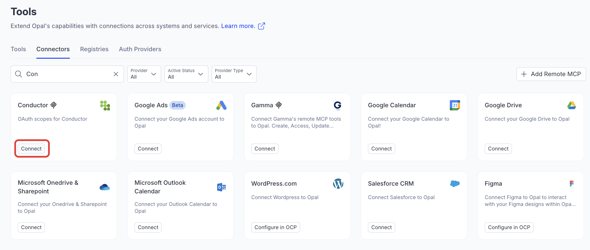 Screenshot of the connectors tab with connect for Conductor highlighted.