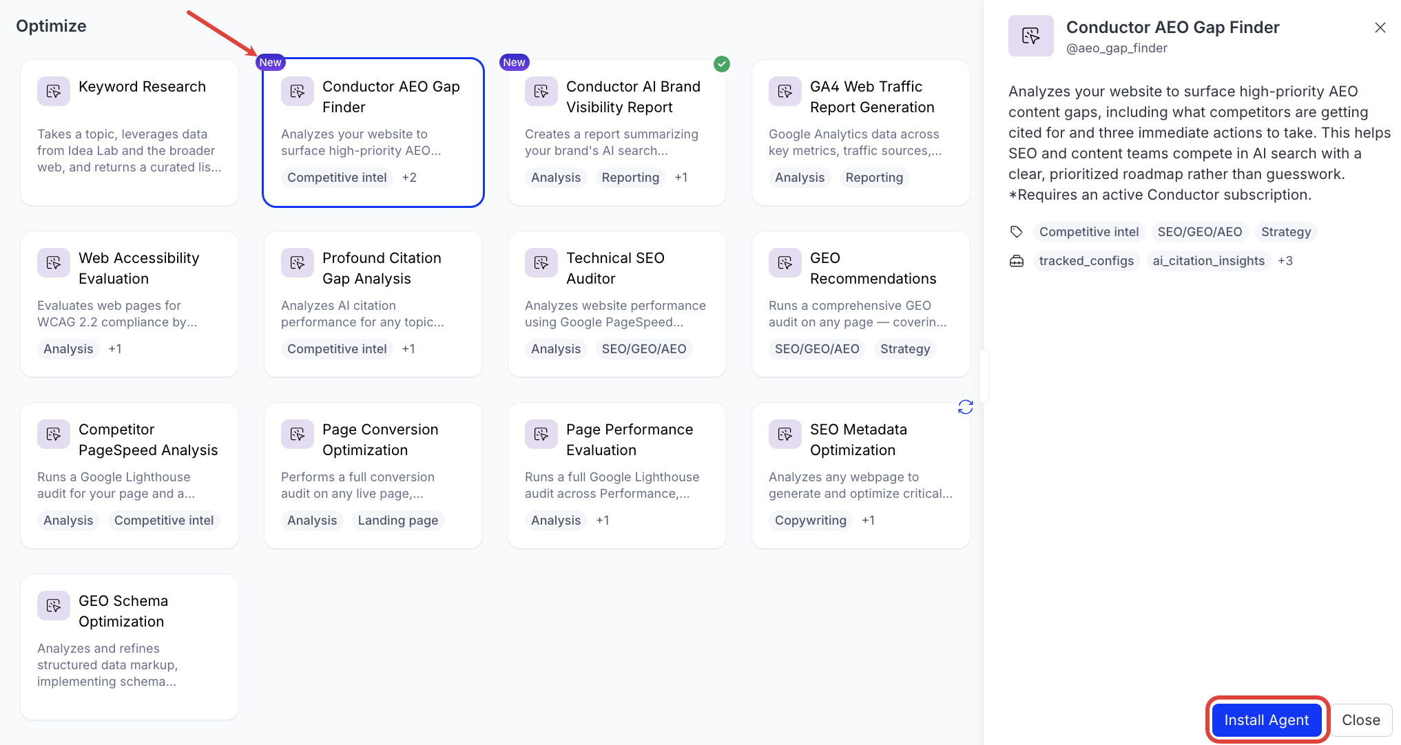 Screenshot of the Agent Directory with the Conductor AEO Gap Finder agent  and Install Agent highlighted.
