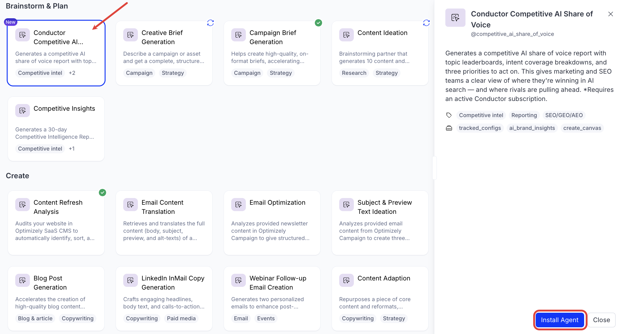 Screenshot of the Agent Directory with the Conductor Competitive AI Share of Voice agent and install agent highlighted.