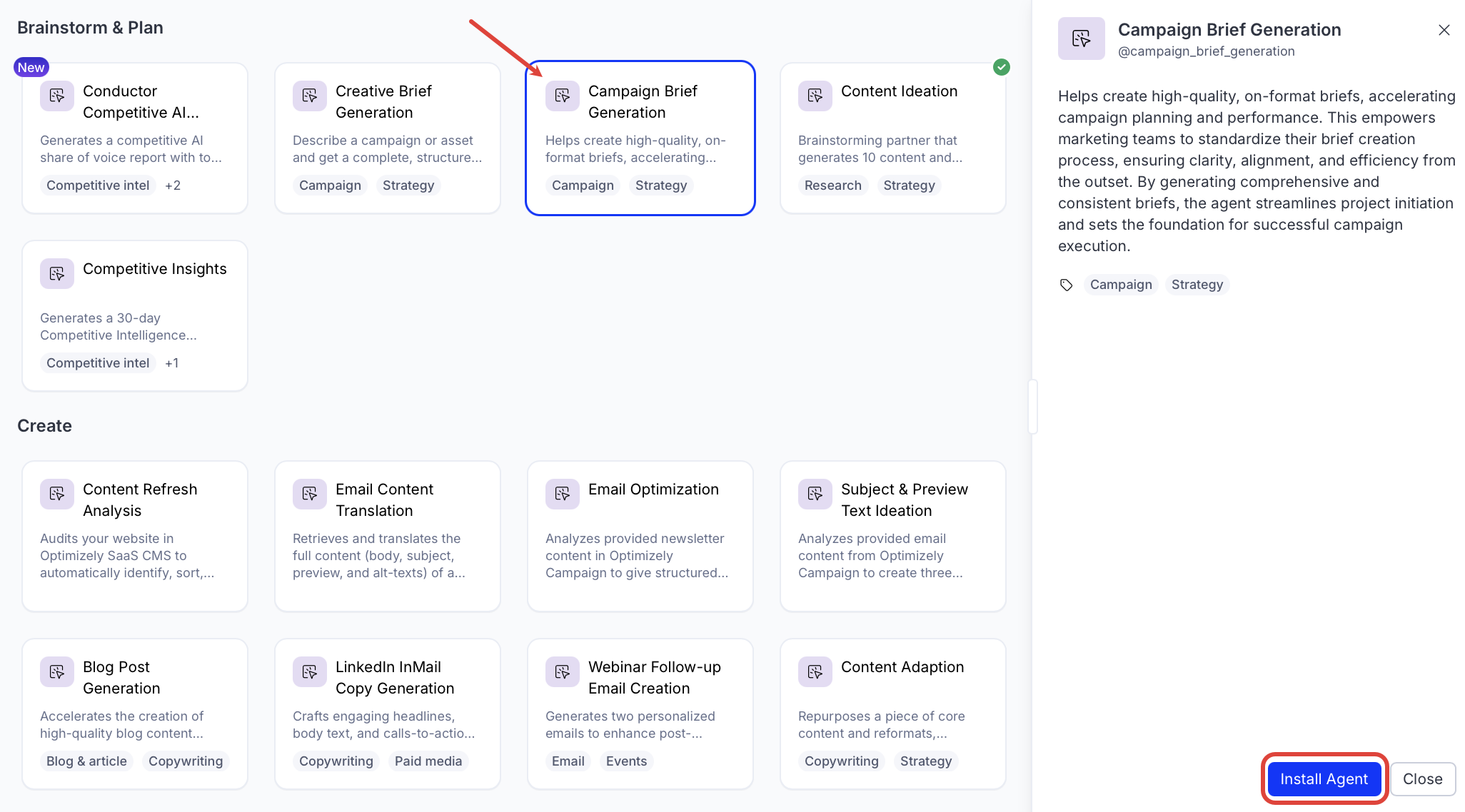 screenshot of the Campaign Brief Generation entry in the Opal Agent Directory where the Install Agent button is highlighted