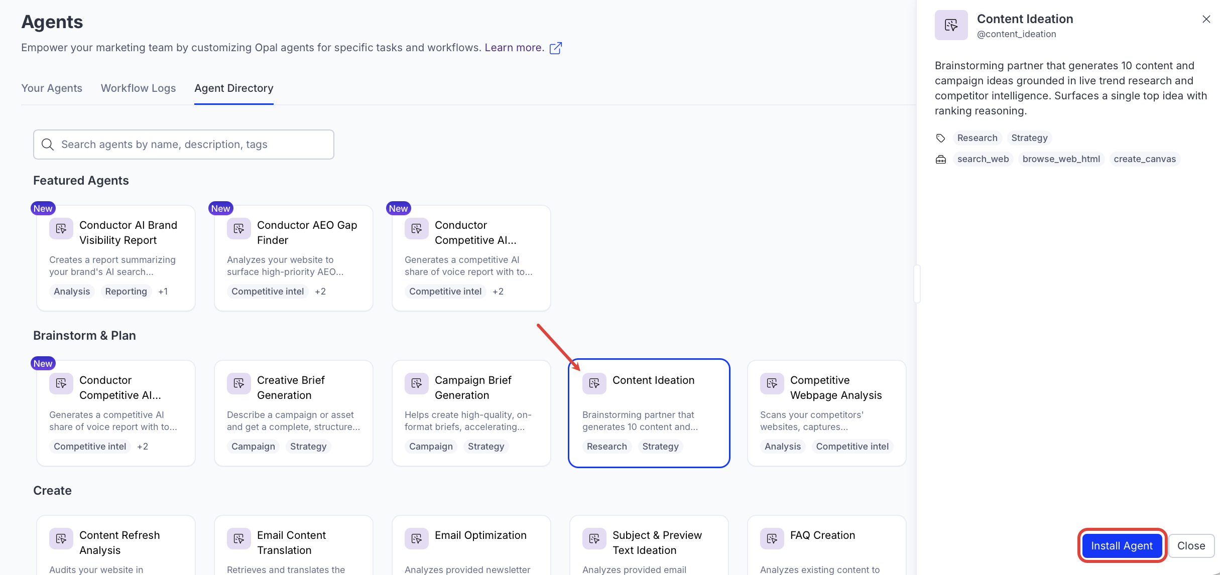 Screenshot of the Agent Directory page in Optimizely Opal where Install Agent is highlighted.