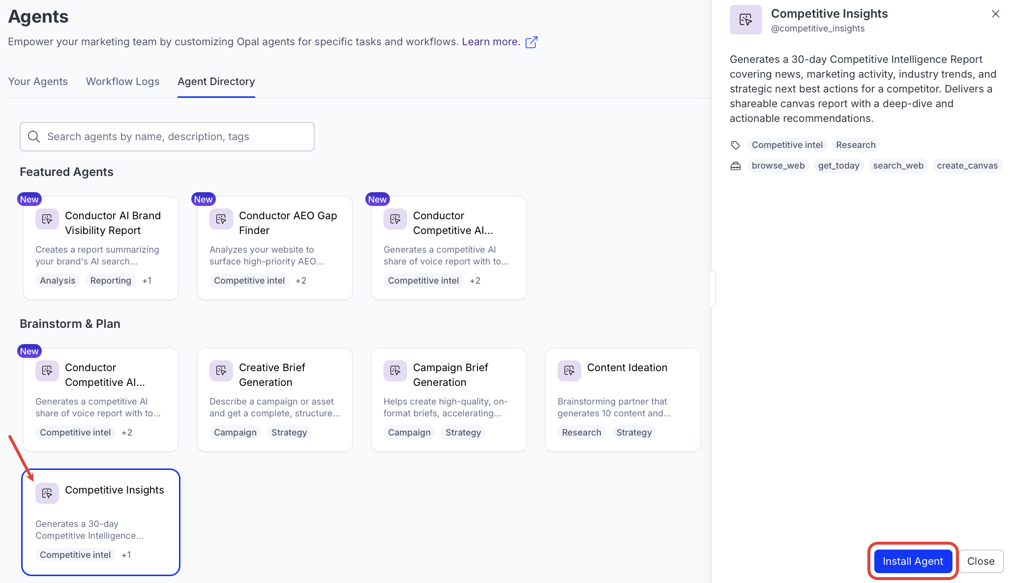 screenshot of the Competitive Insights entry in the Opal Agent Directory where Install Agent is highlighted