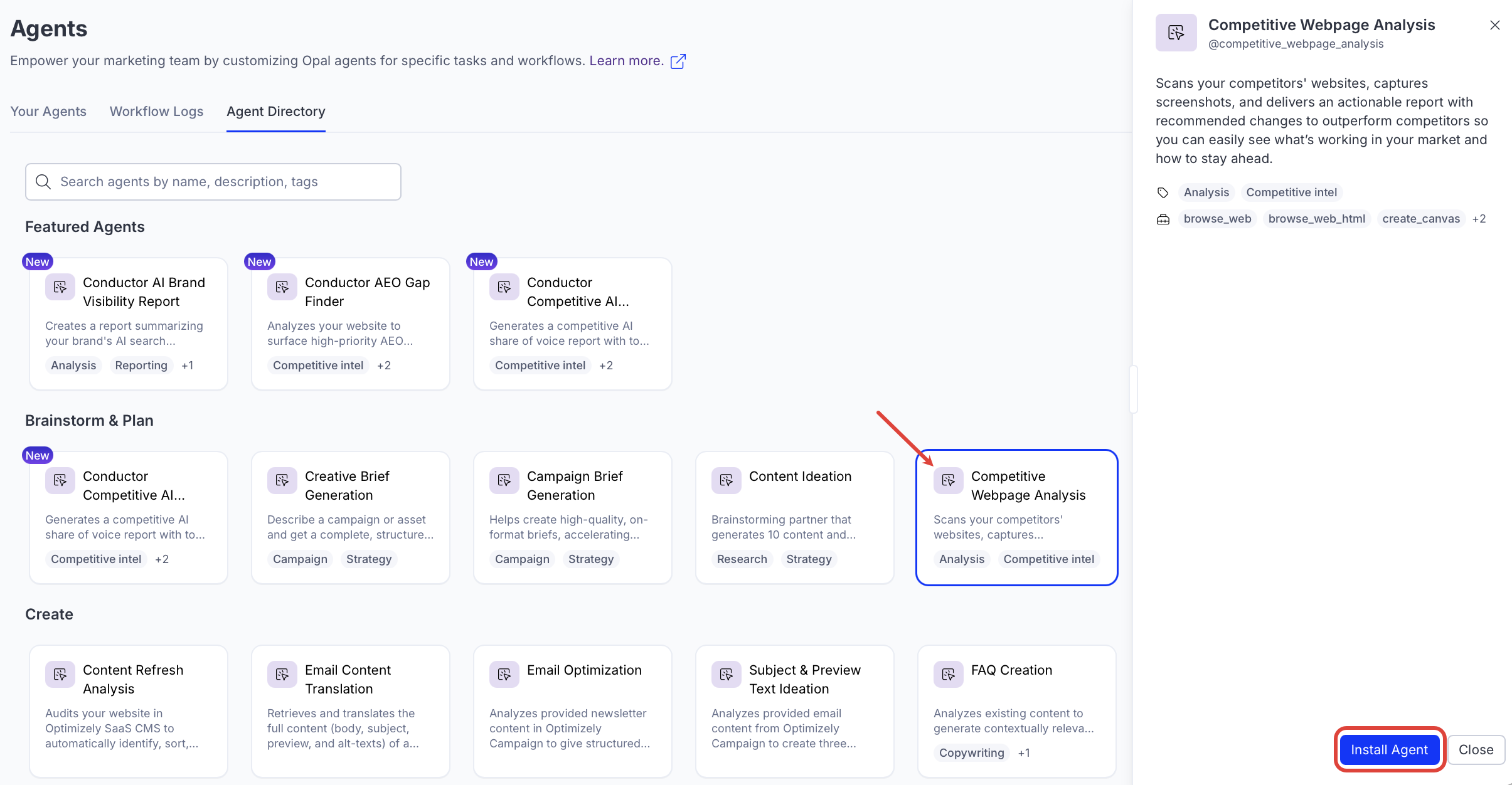 screenshot of the Competitive Webpage Analysis entry in the Opal Agent Directory where the Install Agent button is highlighted