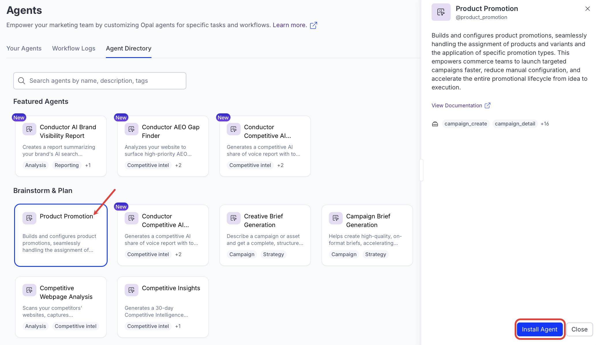 screenshot of the Agent Directory where the Product Promotion agent and Install Agent are highlighted