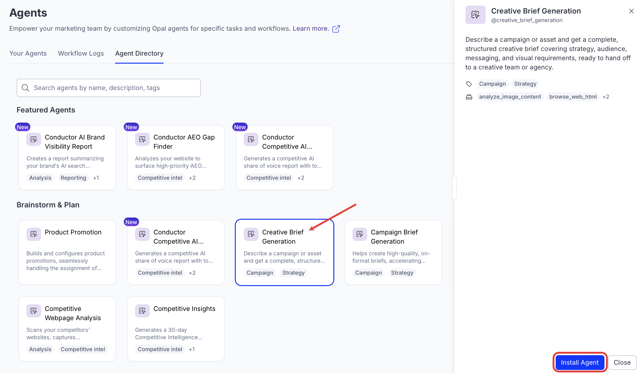 screenshot of the Agent Directory page in Optimizely Opal where Install Agent is highlighted