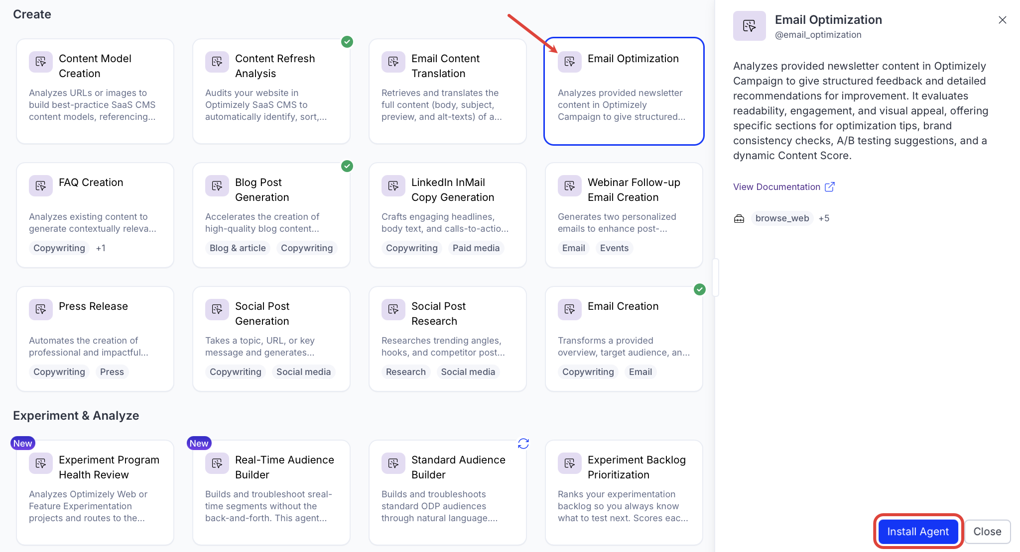 screenshot of the Email Optimization entry in the Opal Agent Directory where Install Agent is highlighted