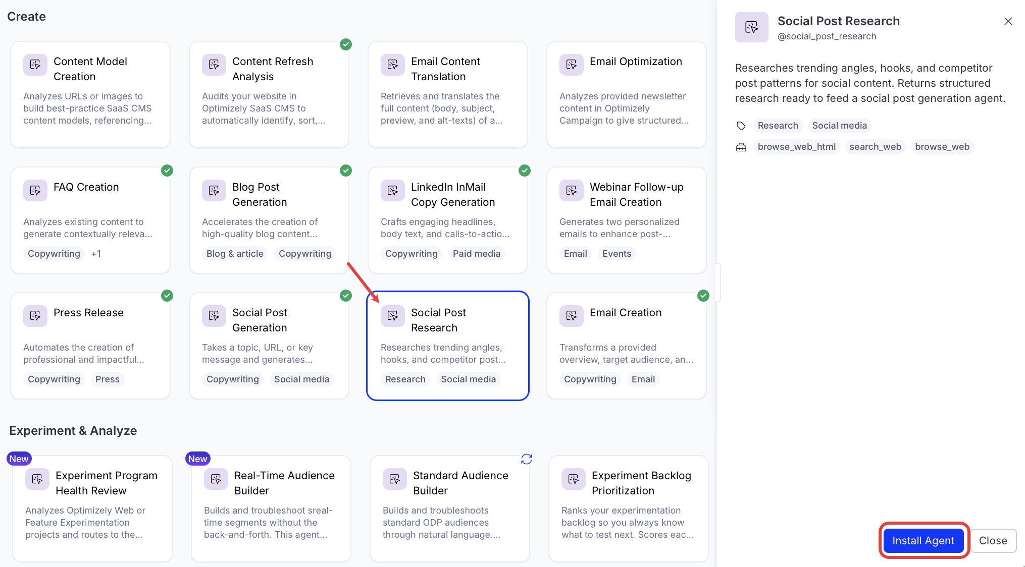screenshot of the Social Post Research entry in the Opal Agent Directory where Install Agent is highlighted