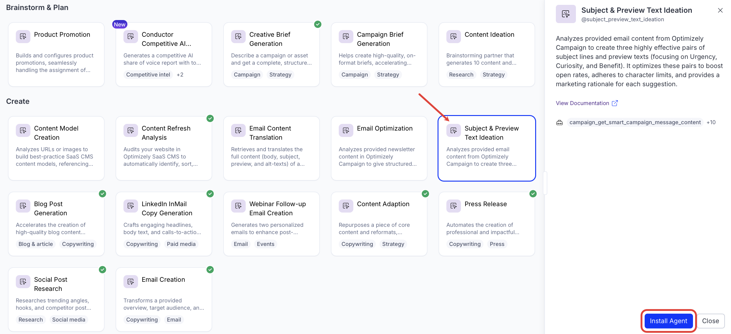 screenshot of the Subject & Preview Text Ideation entry in the Opal Agent Directory where Install Agent is highlighted