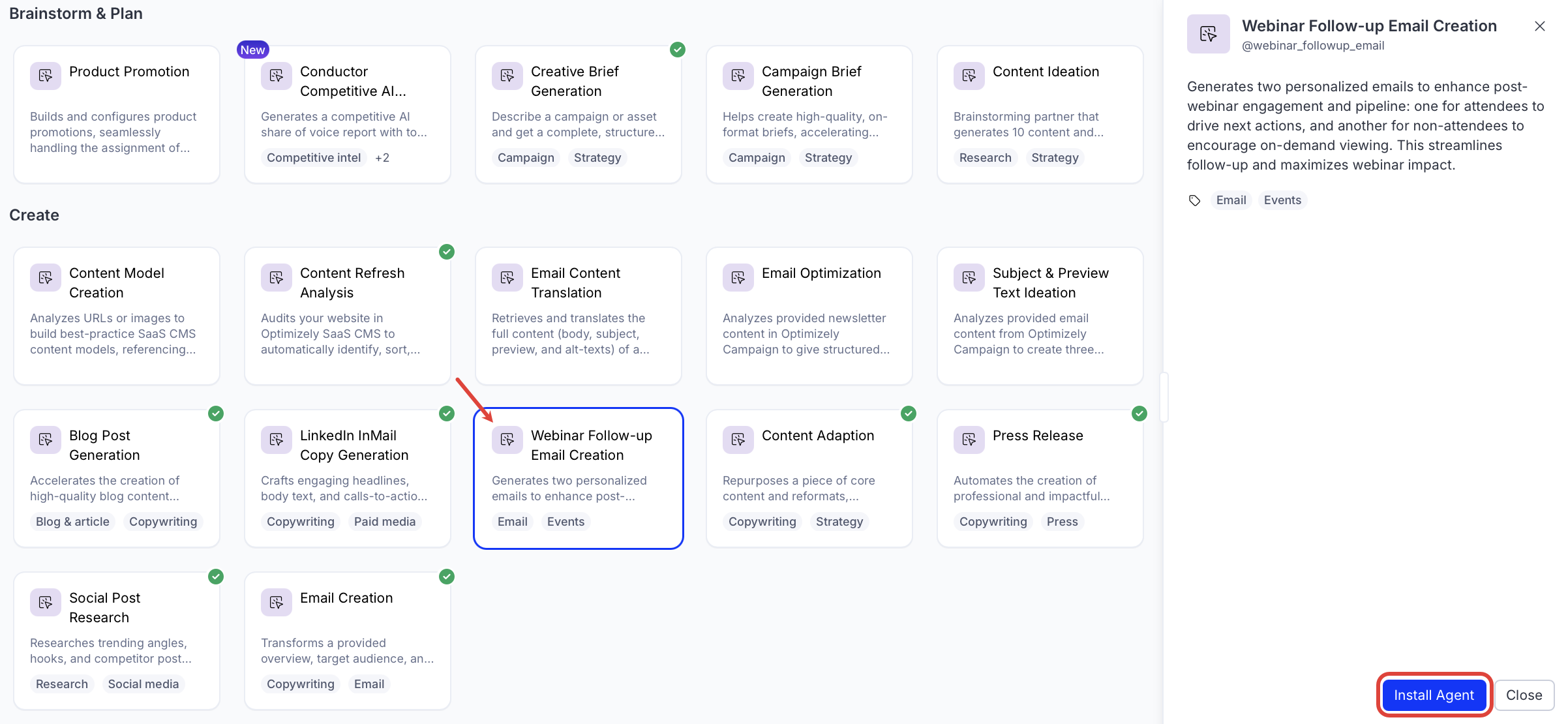 screenshot of the Webinar Follow-up Email Creation entry in the Opal Agent Directory where Install Agent is highlighted