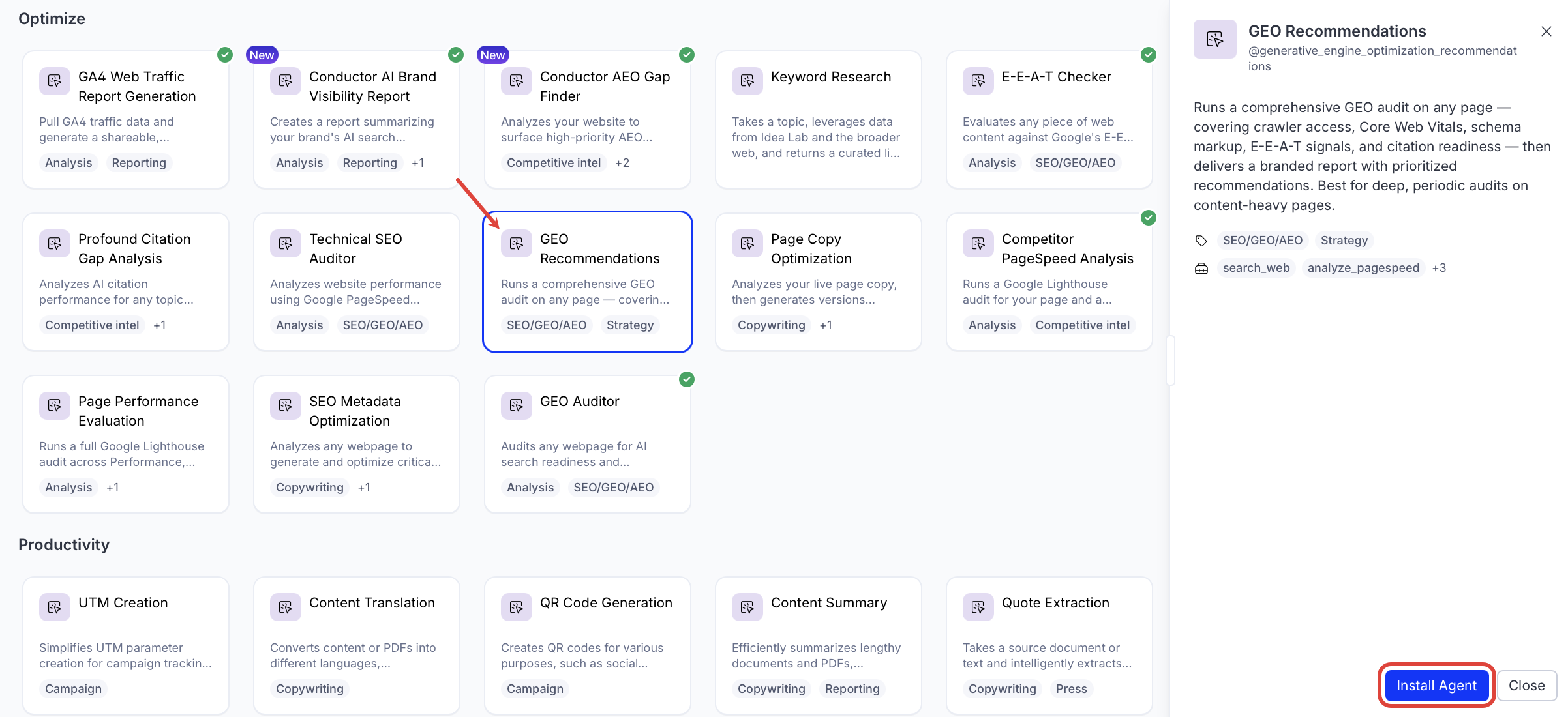 screenshot of the GEO Recommendations entry in the Opal Agent Directory where Install Agent is highlighted