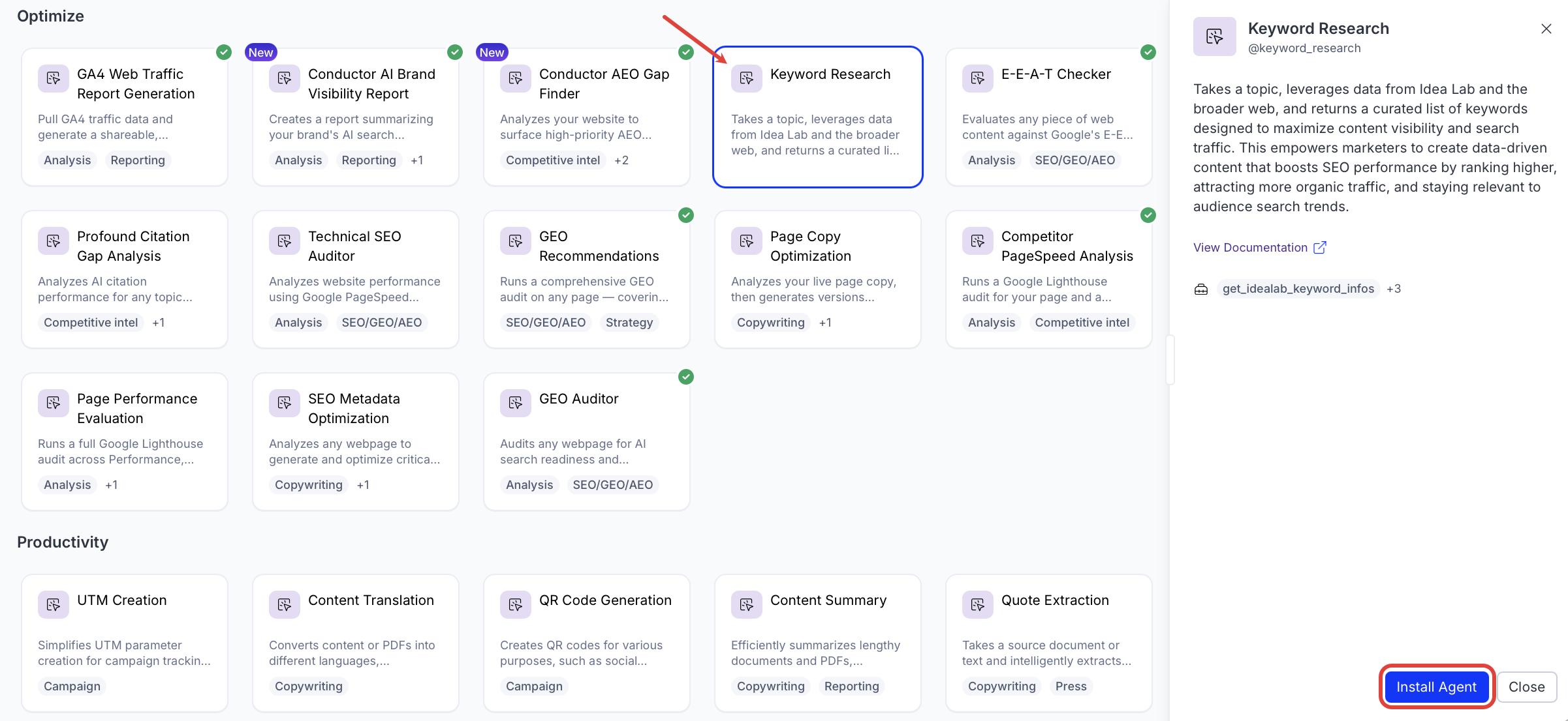 screenshot of the Keyword Research entry in the Opal Agent Directory where Install Agent is highlighted