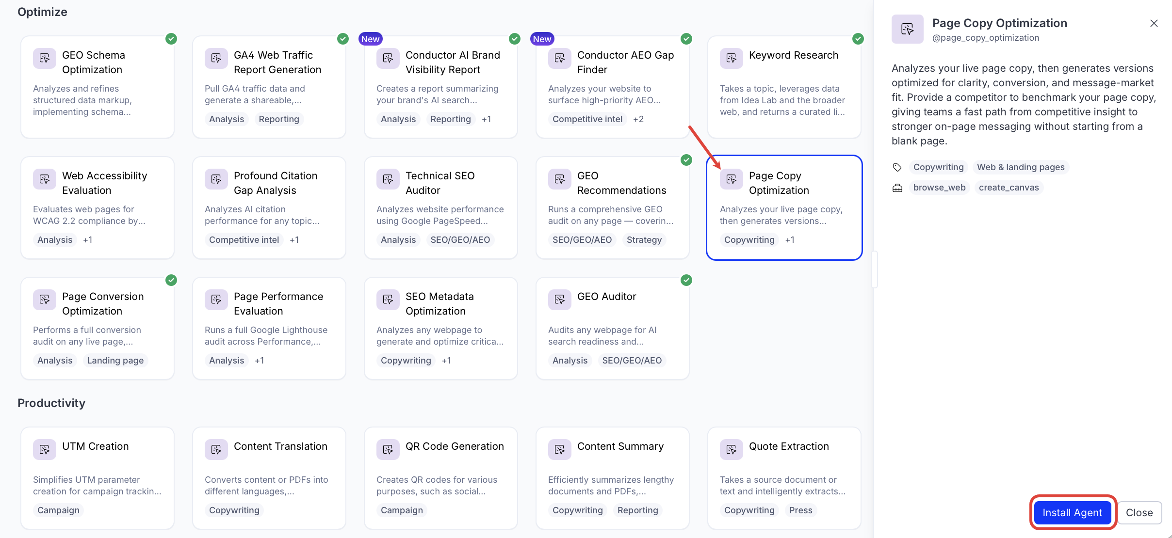 screenshot of the Page Copy Optimization entry in the Opal Agent Directory where Install Agent is highlighted