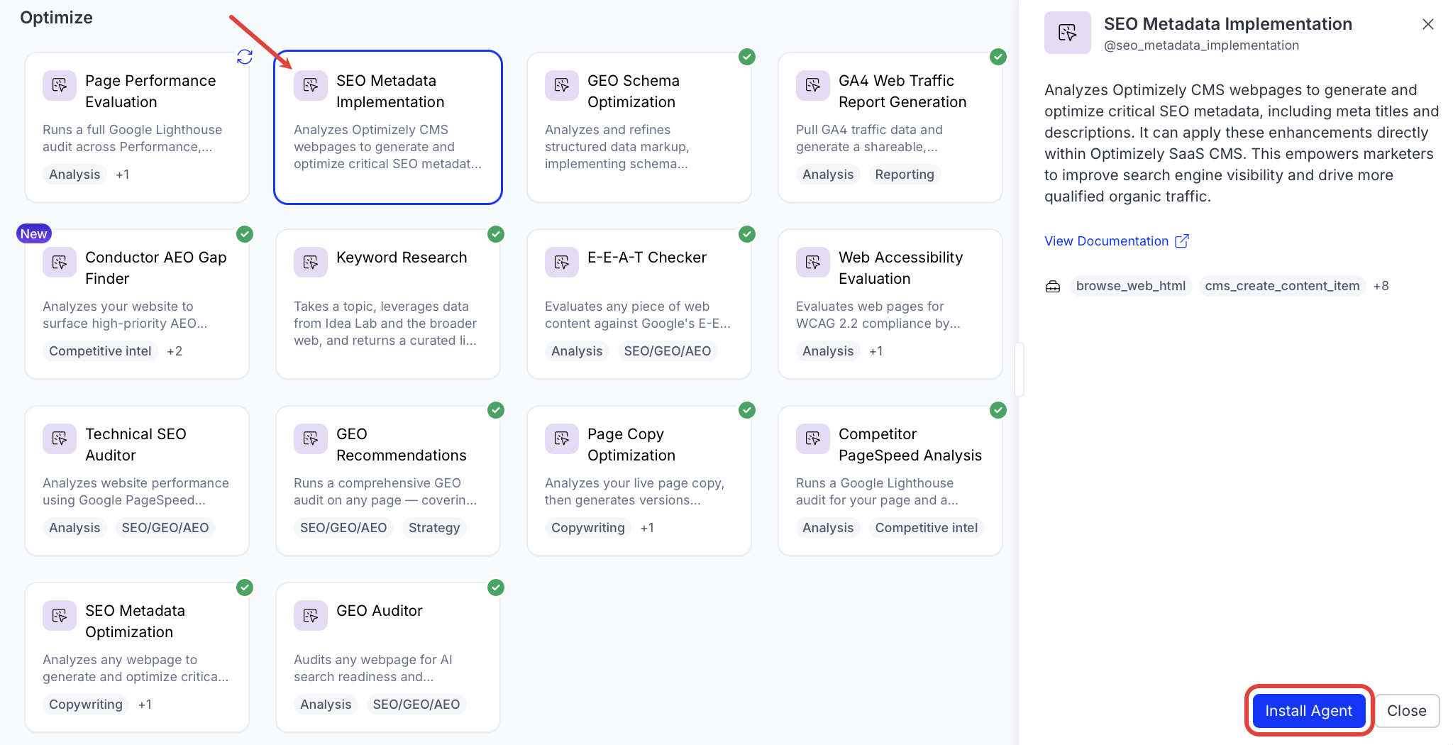 screenshot of the SEO Metadata Implementation entry in the Opal Agent Directory where Install Agent is highlighted