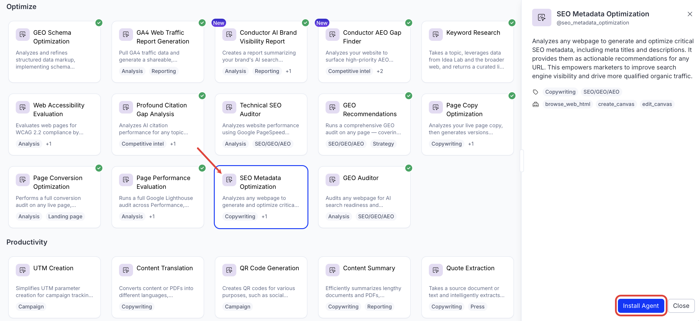 screenshot of the SEO Metadata Optimization entry in the Opal Agent Directory where Install Agent is highlighted