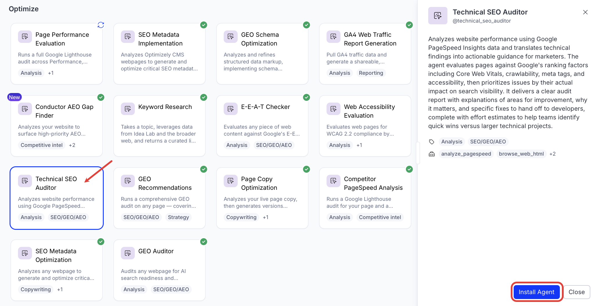 screenshot of the Technical SEO Auditor entry in the Opal Agent Directory where Install Agent is highlighted