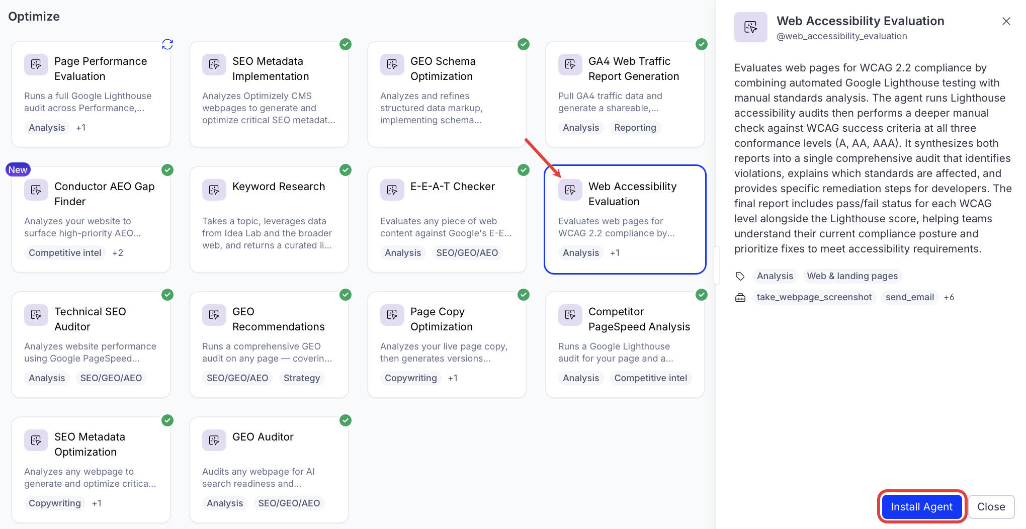 screenshot of the Web Accessibility Evaluation entry in the Opal Agent Directory where Install Agent is highlighted