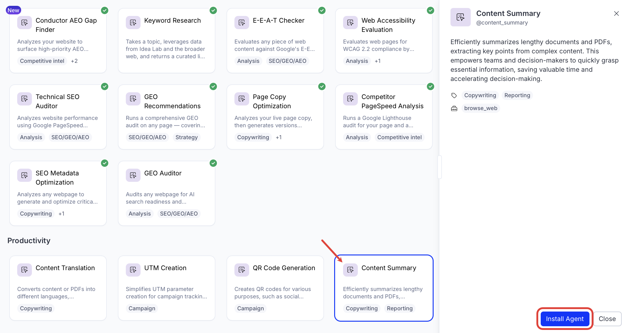 screenshot of the Content Summary entry in the Opal Agent Directory where Install Agent is highlighted
