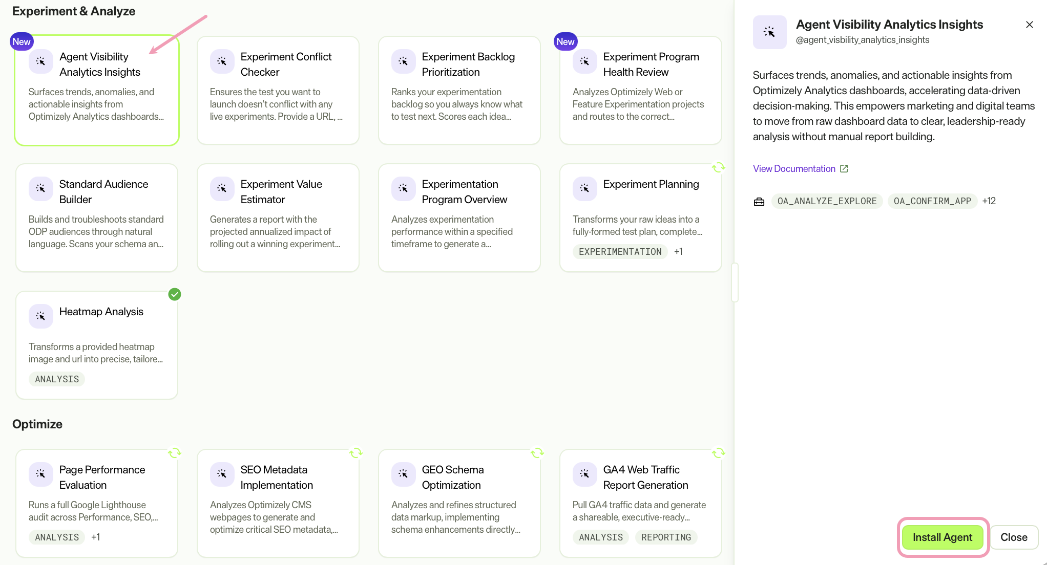 Screenshot of the Agent Directory with the Agent Visibility Analytics Insights agent and Install Agent highlighted.