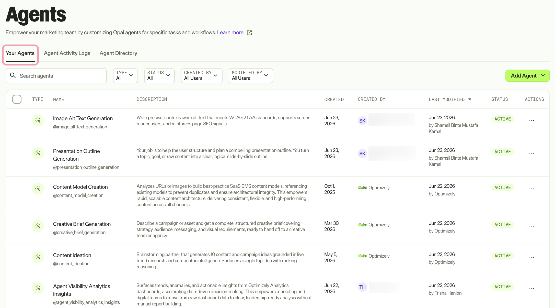 Screenshot of the Agents page in Opal where the Your Agents tab is selected