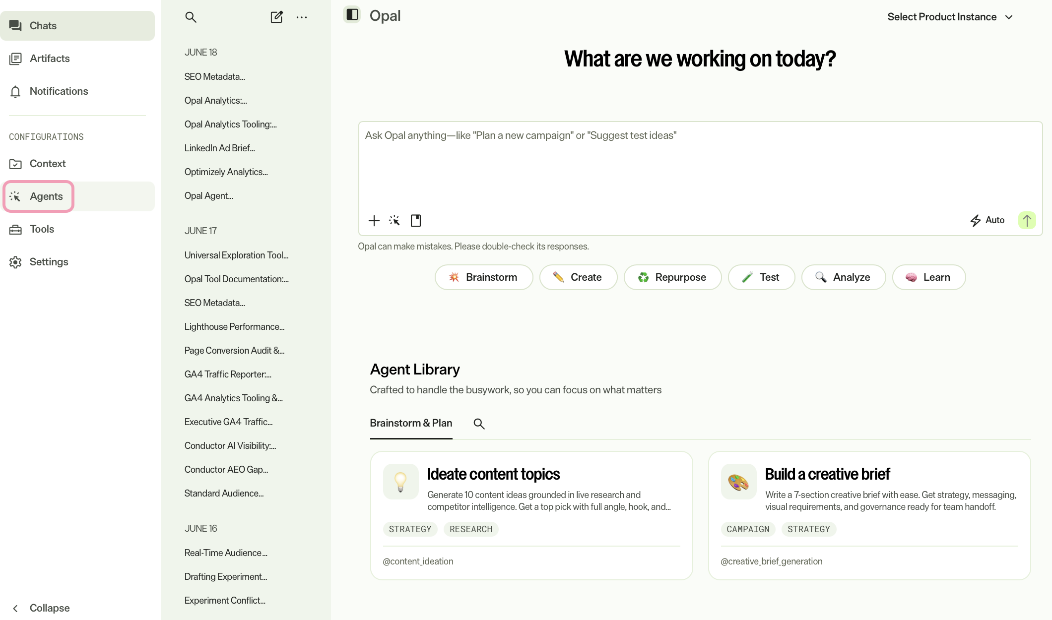 Screenshot of the Agents page in Opal where the list of agents is displayed