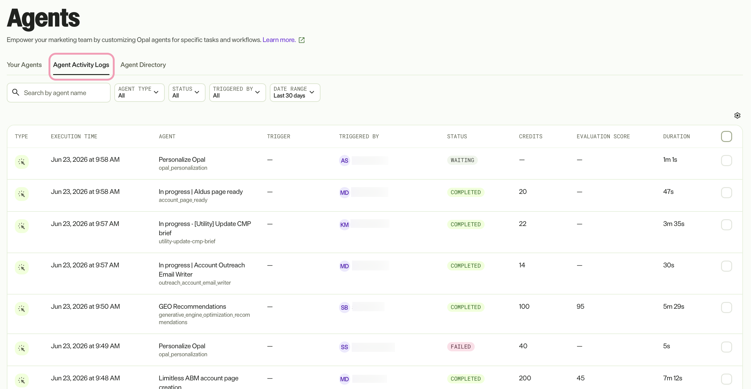 Screenshot of the Agents page with the Agent Activity Logs tab selected.