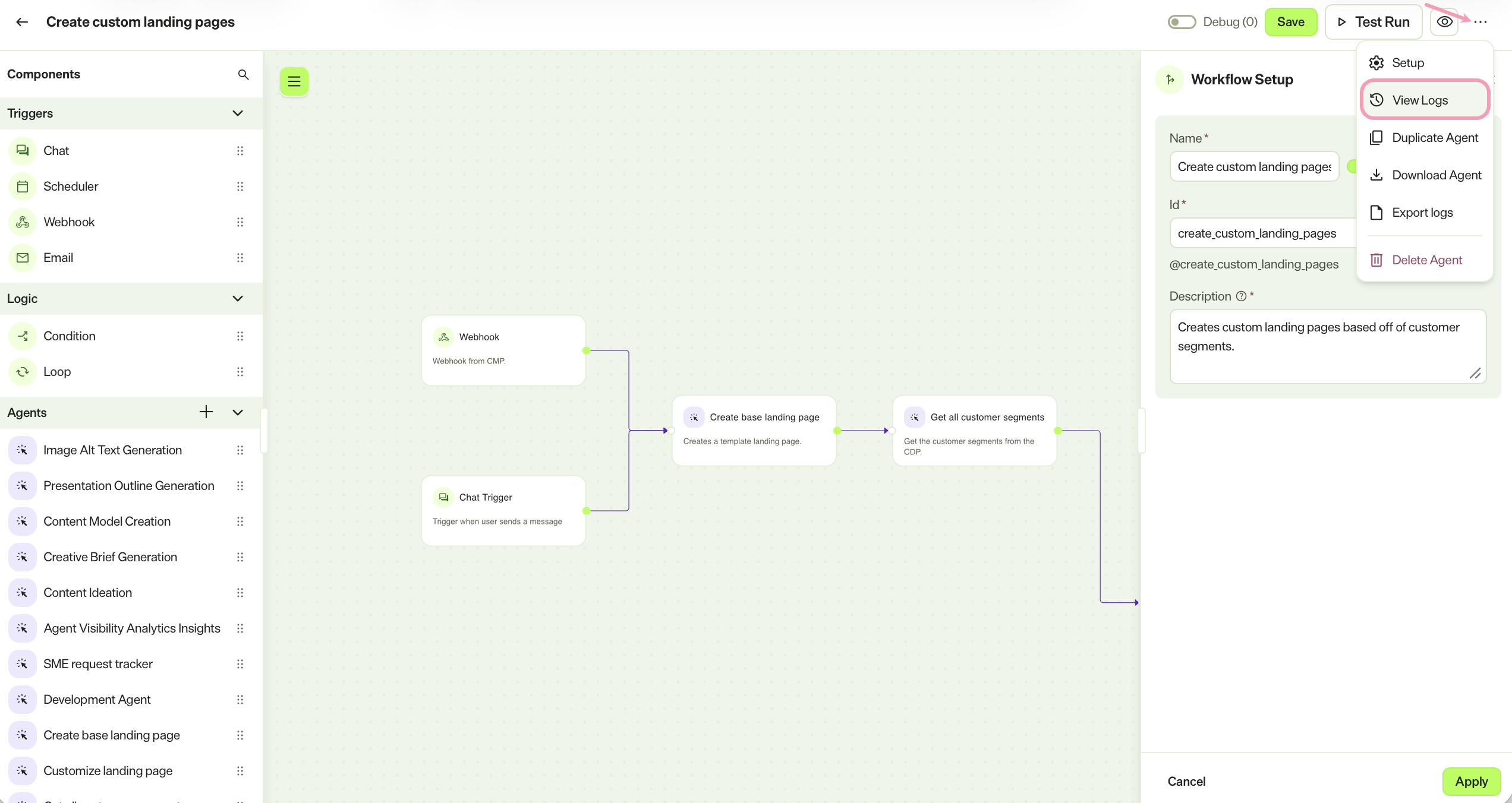 screenshot of a workflow agent with the more menu expanded and View Logs highlighted.