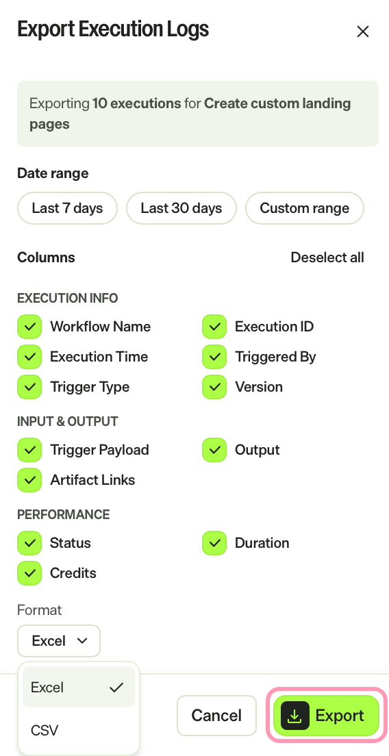 screenshot of the Export Execution Logs window with the Export highlighted.