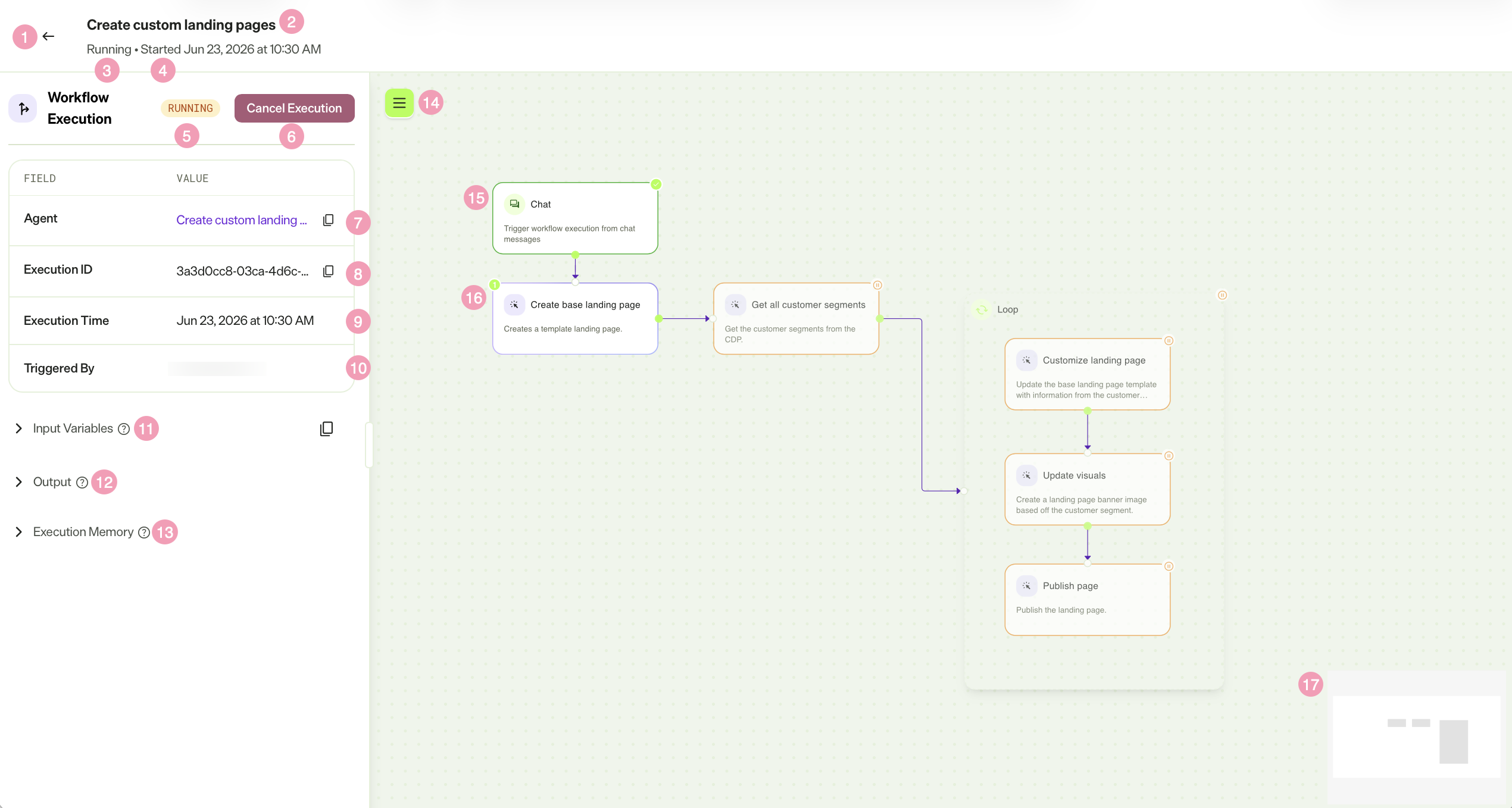 Screenshot of a running instance of the Create custom landing pages agent.