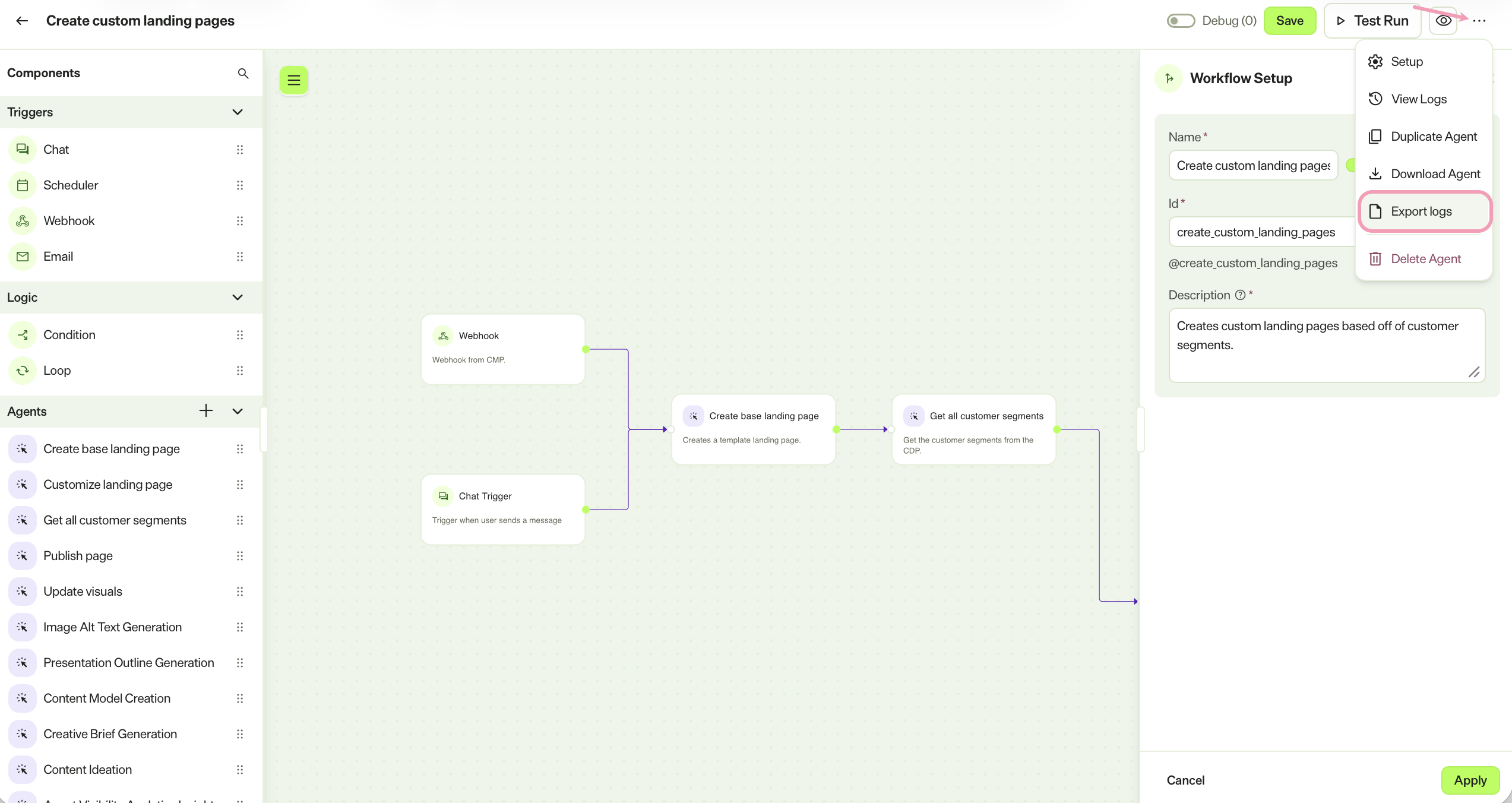 Screenshot of the workflow editor More menu with Export logs highlighted.