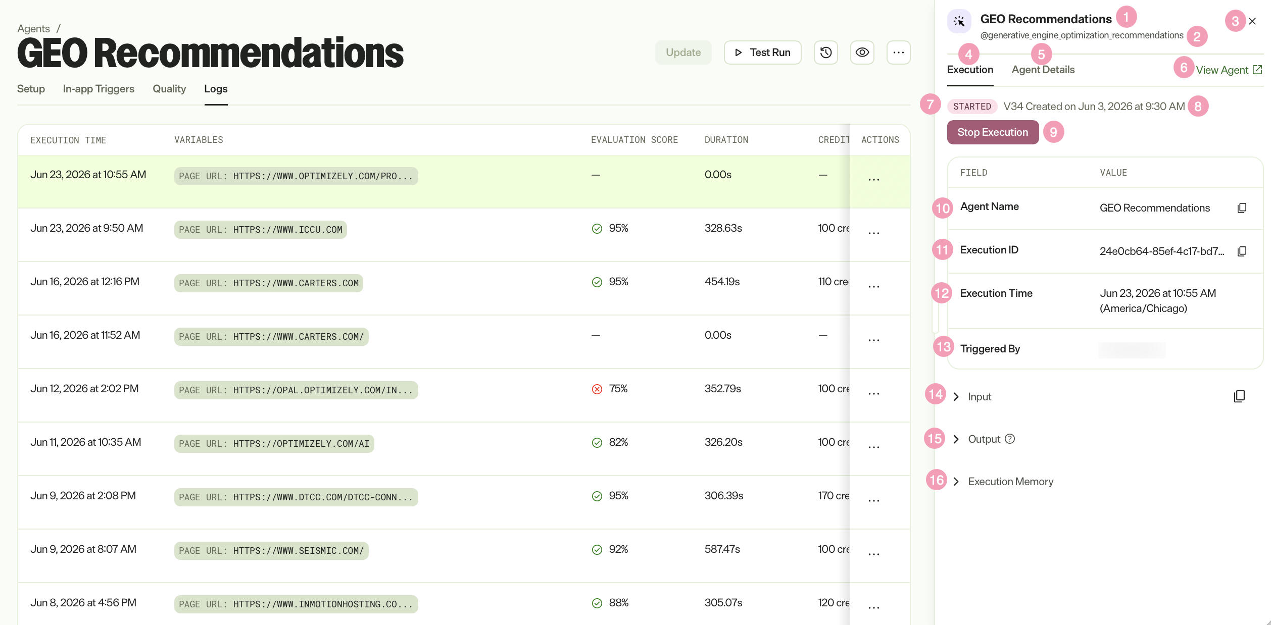 Screenshot of the specialized agent logs panel in Opal where a Started execution is open with labeled fields